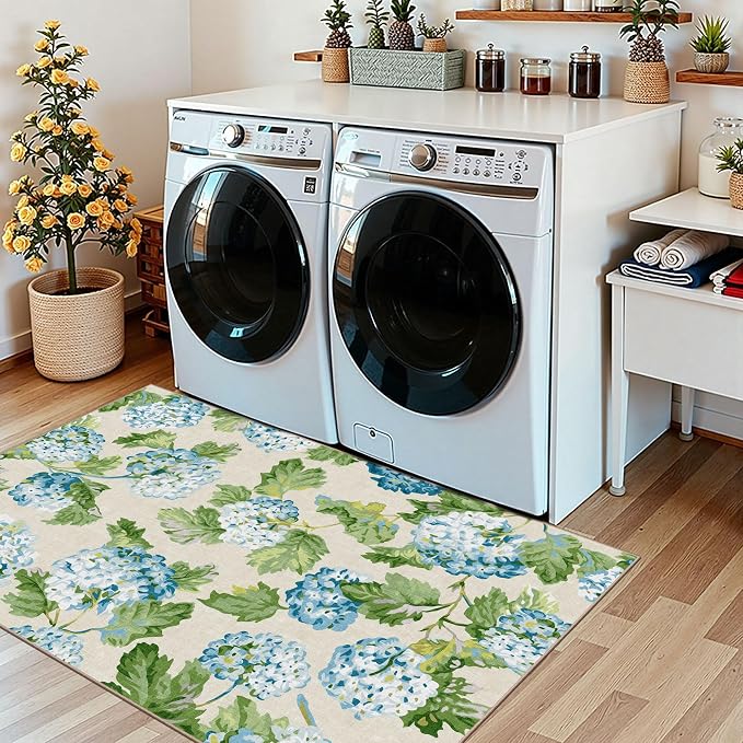 Floral Outdoor Rug - 28" x 43" Front Door Mat Indoor Outside Entrance Non-Slip Washable Outdoor Mat Light Blue Green Flower Rug for Entryway Kitchen Bedroom Layered Doormat for Front Porch