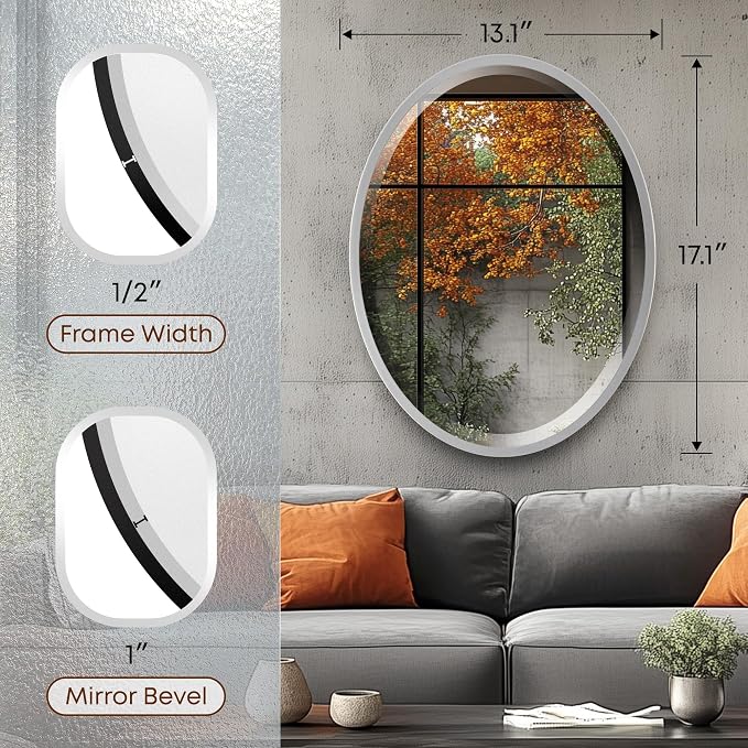 OVALCREST - Oval Wooden Beveled Wall Mirror for Home Decor, Bathroom, Vanity, Bedroom, Living Room, Hallway - London Style (Silver Spray) 17.1 x 13.1
