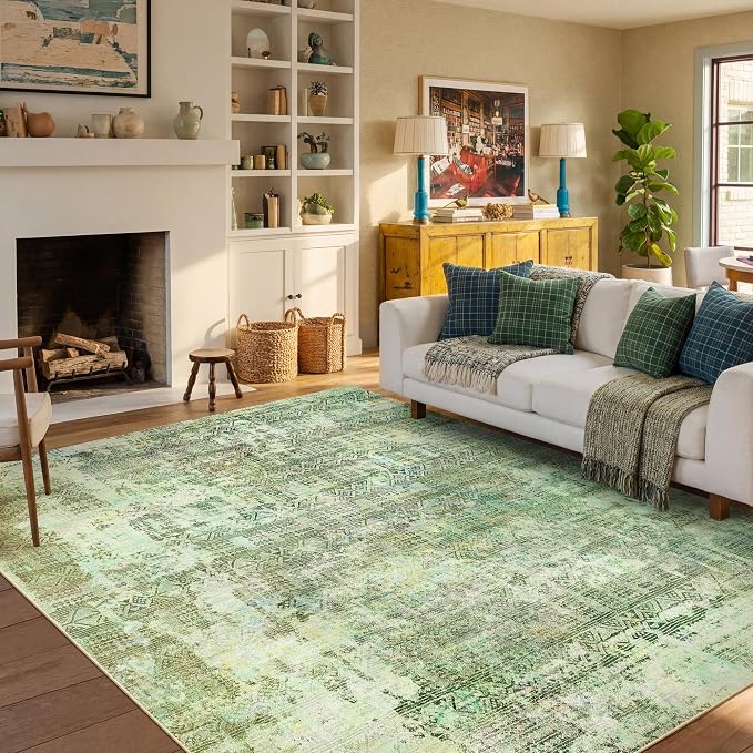 Kokia Abstract Green Area Rugs 8x10 Bedroom Soft Living Room Rugs Washable Distressed Vintage Comfy Carpet with Non-Slip Backing for Farmhouse Home Office Room Decor, Sage Green