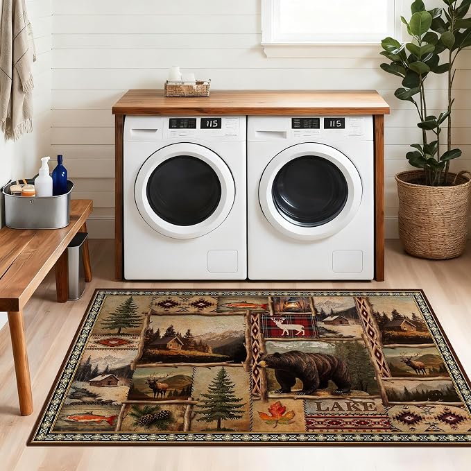 Rustic Lodge Bear Moose Deer Rugs for Entryway 3x5, Farmhouse Cabin Door Mats Indoor Entrance for Entryway Bedroom Dining Room, Non-Slip Machine Washable Indoor Entry Rug Doormat Carpet