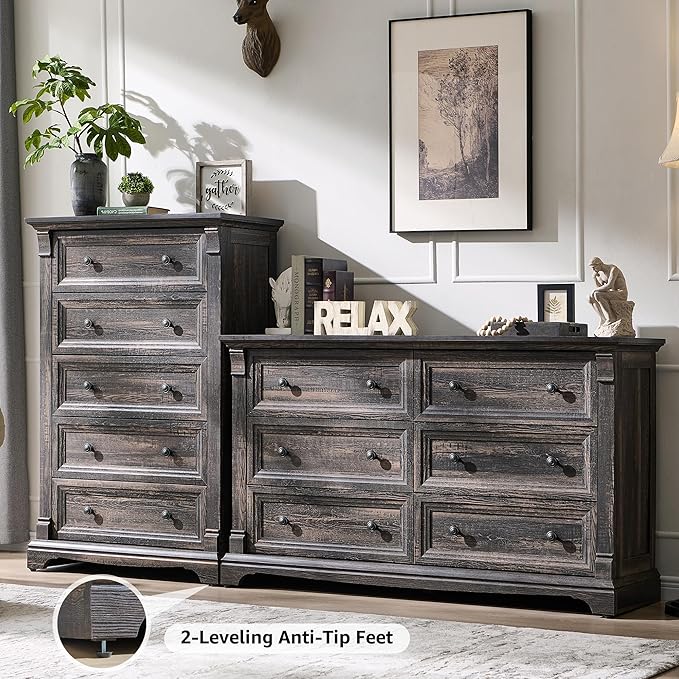 Farmhouse 6 Drawers Dresser for Bedroom, 54" Wide Large Dressers & Chests of Drawers w/Roman Column, Wooden Dresser TV Stand with Large Drawers for Nursery Bedroom Living Room Hallway,Dark Rustic Oak