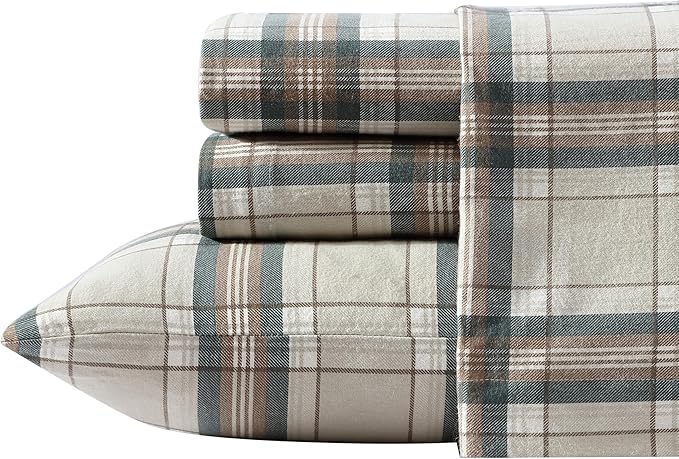 Eddie Bauer - Flannel Sheets Full Size, Anti-Pilling & Wrinkle Resistant Cotton, Touchably Soft for All-Season Comfort - Bed Sheets with Matching Pillowcases & Fitted Sheet (Edgewood Plaid Green)