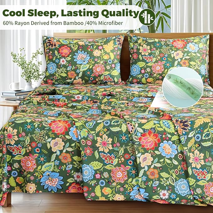 Bedlifes Queen Floral 4-Piece Sheet Set - Cooling Sheets Blend Rayon Derived from Bamboo,Soft & Breathable, Deep Pocket 16", Wrinkle Resistant - Vibrant Boho Floral Dark Green
