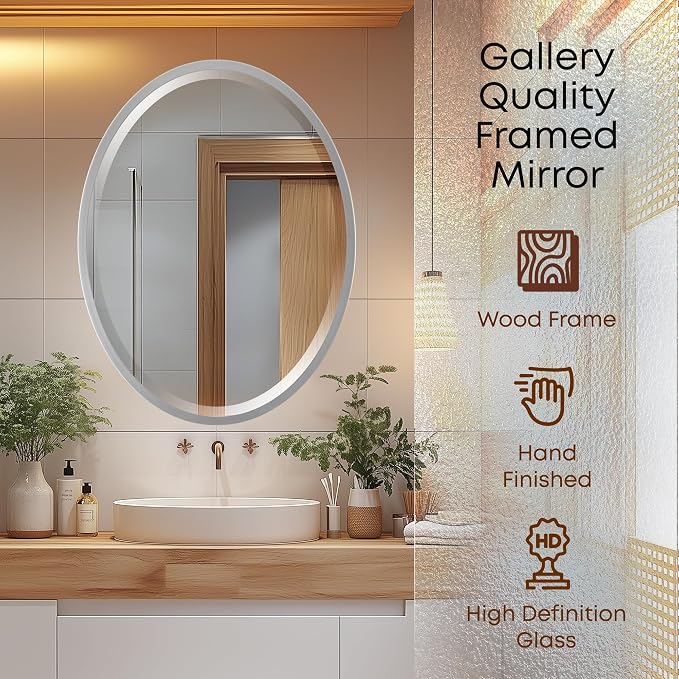 OVALCREST - Oval Wooden Beveled Wall Mirror for Home Decor, Bathroom, Vanity, Bedroom, Living Room, Hallway - London Style (Silver Spray) 31.1 x 21.1