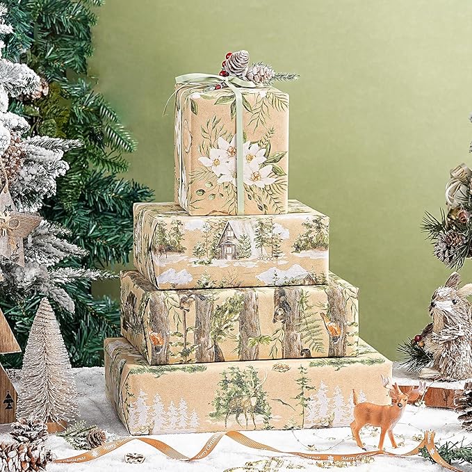 RUSPEPA Christmas Wrapping Paper Set, Jumbo Roll, Vintage Reindeer, Cabin, Bear and White Flower Design, Kraft Gift Wrap for Christmas, Holiday, Rustic Wedding, 4 Rolls, 30 inches x 10 feet per Roll