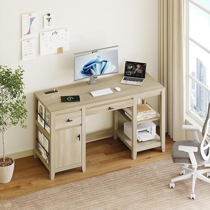 58" Executive Desk with Foldable Keyboard Tray and Charging Station, Farmhouse Wood Home Office Desk with Drawers and Magazine Rack, Large Writing Computer Desk for Home Office and Study, Brown