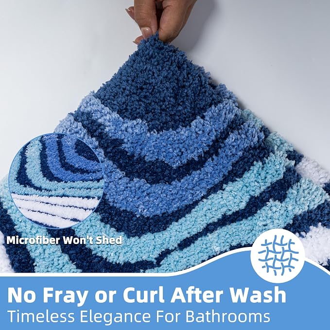 Funky Blue Bathroom Rug, Absorbent Non Slip High Pile Tufted Bath Mat with 3D Striped Pattern, Plush Microfiber Shower Rug for Bathroom Sink, Tub, Machine Washable, 16"x24"