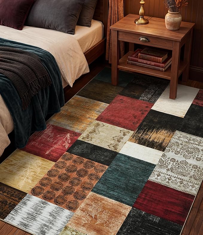 YIHOUSE Mid Century Modern Vintage Cowboy Area Rug 3x5 for Bedroom,Retro Patchwork Living Room Rug Non Slip,Red and Brown Floral Farmhouse Rugs Washable, Geometric Boho Rugs for Kitchen,Dining Room