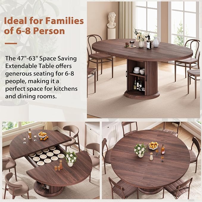 Jocoevol 47″–63″ Extendable Round Dining Table for 4–8 with Dust-Proof 2-Tier Storage Shelf Space-Saving Expandable Dining Room Table Wood Oval Circle Dining Table with Pedestal Base (Walnut)