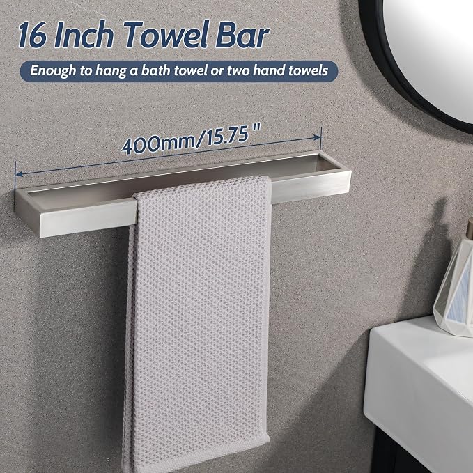 Sayayo Brushed Nickel Towel Bar for Bathroom, 16 Inch Hand Towel Holder Wall Mount Square Towel Ring SUS304 Stainless Steel Towel Rack