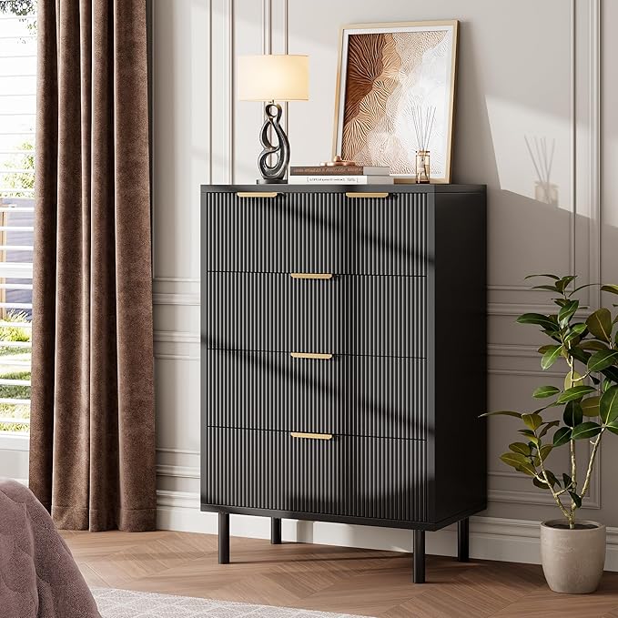 GarveeHome Black Wave Fluted 5 Drawer Dresser for Bedroom, Modern Wood Chest of Drawers with Wide Drawers, Closet Dresser Organizer with Anti-Tipping Device and Metal Legs for Hallway Entryway
