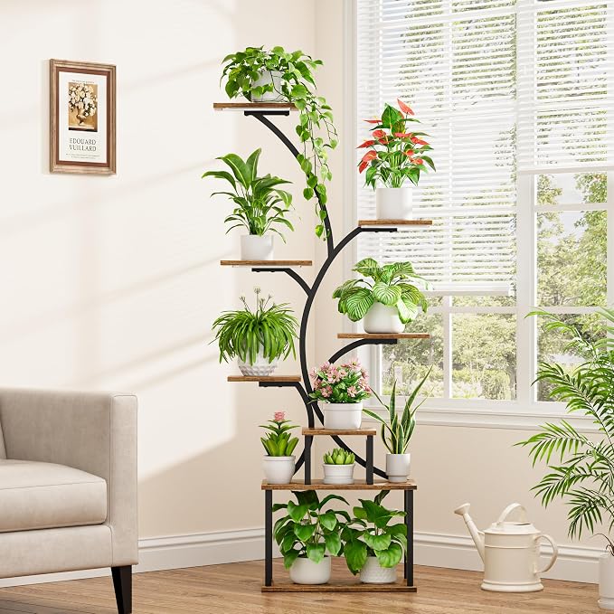 POZILAN Plant Stand Indoor with Grow Lights, 8 Tiered Tall Plant Shelf for Indoor Multiple Plants, Metal Large Flower Holder Display Rack for Living Room, Garden, Patio