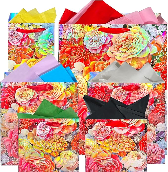 6 Pcs Gift Bags - Assorted Sizes with Tissue Paper for Mother's Day, Birthday and Celebrations (Large Red Peony Floral & Floral Label)