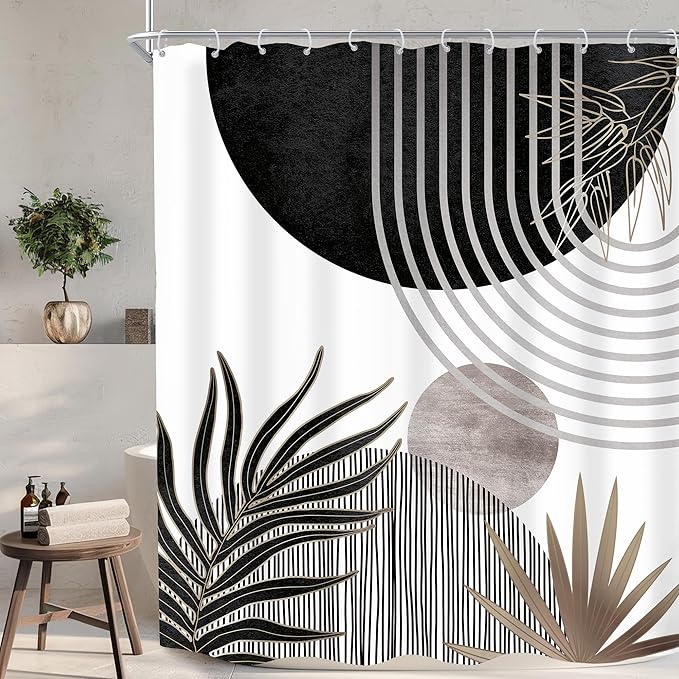 KOMLLEX Mid Century Black Grey Boho Shower Curtain 60Wx72L Inches Abstract Modern Shower Curtains for Bathroom Decor Plant Dark Grey Minimalist Arch Sun Fabric Liner Waterproof Polyester 12 Pack Hooks