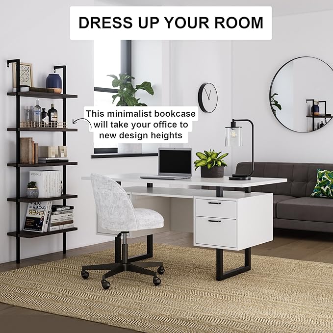 Nathan James Theo 5-Shelf Wood Modern Bookcase, Open Wall Mount Ladder Bookshelf with Industrial Metal Frame, Dark Brown Nutmeg/Black