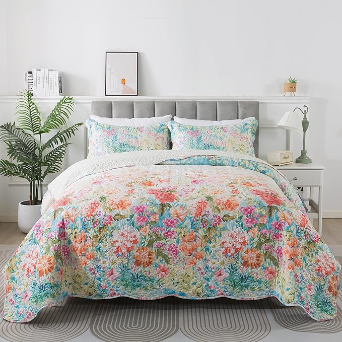 HoneiLife Quilt Sets Queen Size - Floral Quilt 3-Piece, Botanical Bedspreads Wildflower Coverlets for Queen Bed, Microfiber Bed Cover, All Season Quilts-Coral Pink