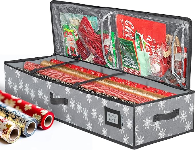 HOLDN’ STORAGE Premium Wrapping Paper Storage Container - Durable 600D Tear-Proof, Fits 27 Rolls Gift Wrap, Extra Pockets for Ribbons & Bows, Underbed Storage - Ideal for Holiday Christmas, Grey/White Snowflakes