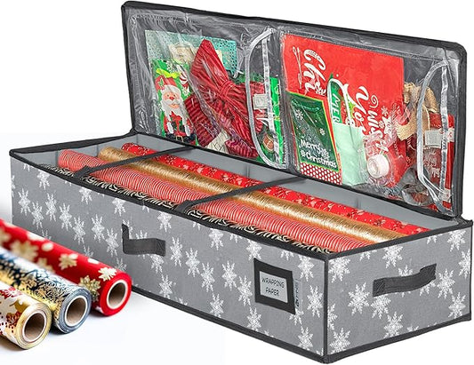 HOLDN’ STORAGE Premium Wrapping Paper Storage Container - Durable 600D Tear-Proof, Fits 27 Rolls Gift Wrap, Extra Pockets for Ribbons & Bows, Underbed Storage - Ideal for Holiday Christmas, Grey/White Snowflakes