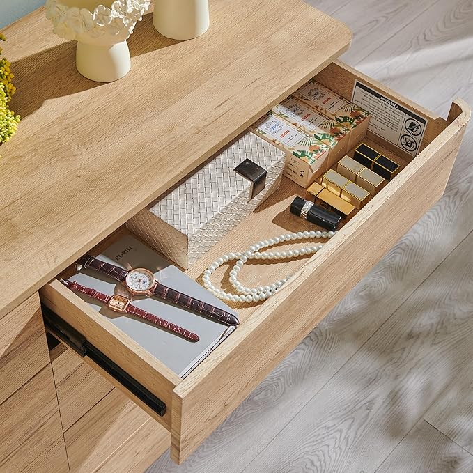 JXQTLINGMU 8 Drawer Dresser for Bedroom, Modern Push-to-Open Chest of Drawers, Large Wood Storage w/Curved Profile & Handleless Design, 52" Wide Dresser TV Stand for Bedroom, Living Room, Natural Oak