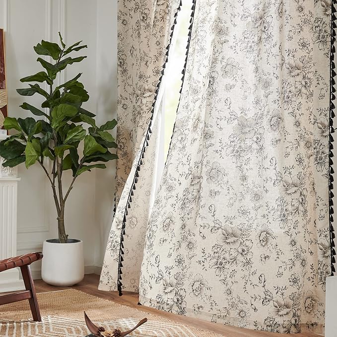 JINCHAN Linen Curtains Floral Curtains Living Room 96 Inch Long Printed Curtains Tassels Rod Pocket Back Tab Farmhouse Rustic Peony Flower Patterned Drapes Bedroom Window Curtain Set 2 Panels Black