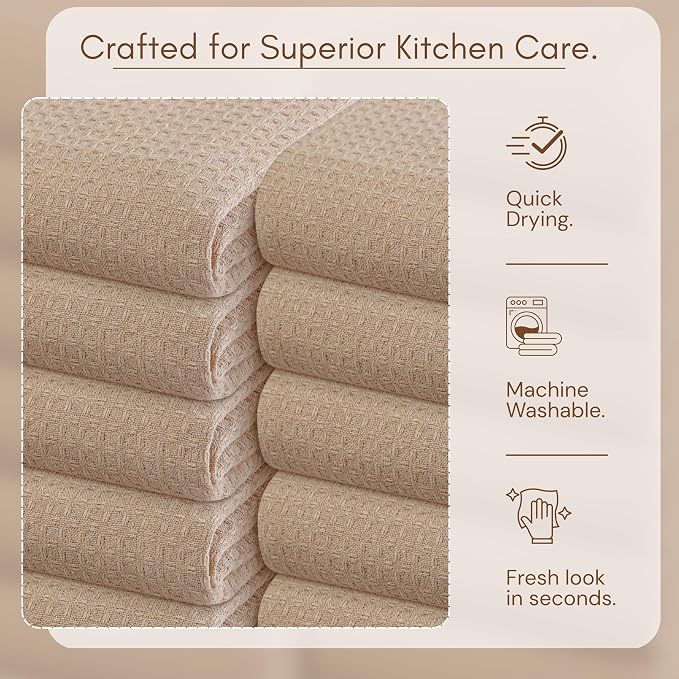 TWINY threads Kitchen Towel Waffle Weave, 6 Pack, 16x26 Inches, Premium Cotton Dish Rags, Absorbent Quick Drying Linen for Home and Restaurant Kitchens, Reusable Wash Cloths for Drying Dishes, Beige