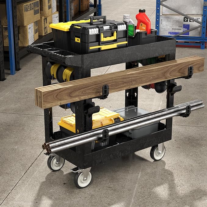 34"*17" Heavy Duty Utility Cart, 2 Shelf Plastic Rolling Cart Tool Cart with Ergonomic Handle 5" Swivel Casters 4 Hooks 1000lbs Capacity for Garage, Warehouse, Cleaning