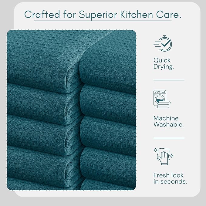 TWINY threads Kitchen Towels Set of 12, 16x26 Inches, 100% Cotton Waffle Weave Dish Towels, Soft and Absorbent Tea Towels with Hanging Loop, Washable Reusable Cloths for Cleaning, Teal Green