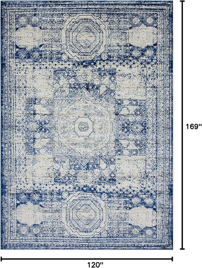 Unique Loom Bromley Collection Area Rug - Wells (10' x 14' 1" Rectangle, Ivory and Blue/ Ivory)