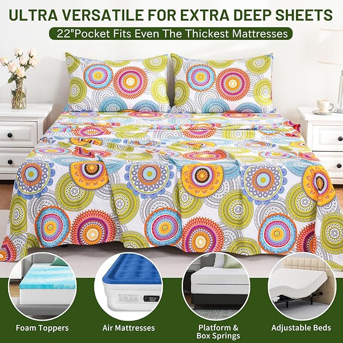 Bedlifes Extra Deep Pocket 18-24" King 4-Piece Sheet Set - Cooling Sheets Blend Rayon Derived from Bamboo Soft & Breathable,Featuring Mandala Patterned