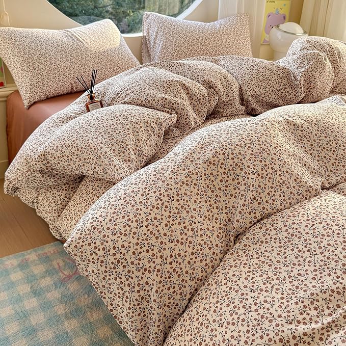 LifeTB Muslin Cotton Duvet Cover Set King Size Vintage Floral Duvet Cover Ultra Soft Breathable Comforter Cover Chic Flower Bedding Set Linen Feel Textured Gauze Comforter Cover with Zipper Closure