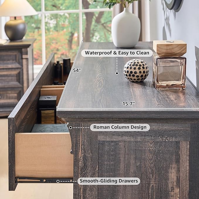 Farmhouse 6 Drawers Dresser for Bedroom, 54" Wide Large Dressers & Chests of Drawers w/Roman Column, Wooden Dresser TV Stand with Large Drawers for Nursery Bedroom Living Room Hallway,Dark Rustic Oak