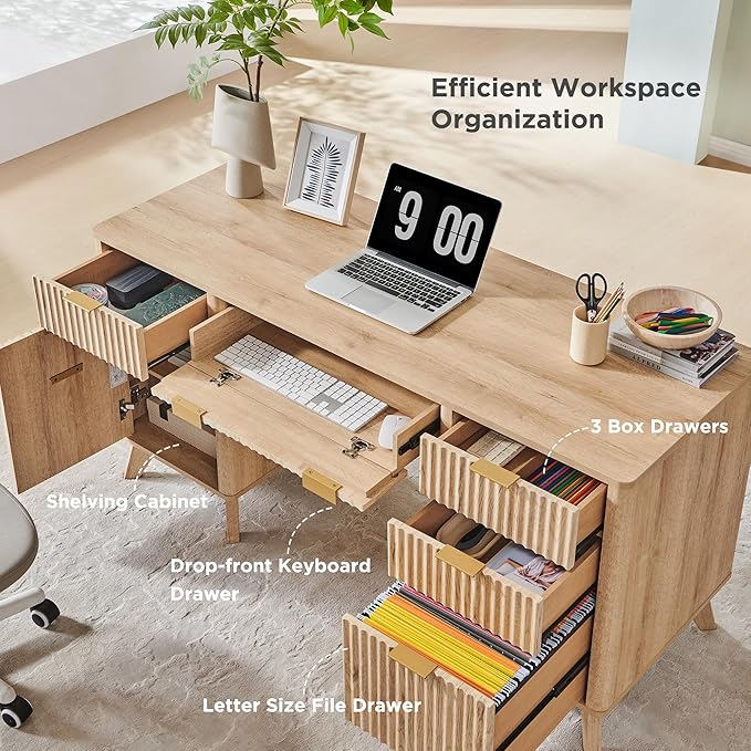 T4TREAM Fluted Executive Desk with Drawers, 60" Modern Home Office Computer Desk with Charging Station, File Cabinet, Keyboard Tray and Storage Cabinet for Study, Living Room, Bedroom, Natural Oak