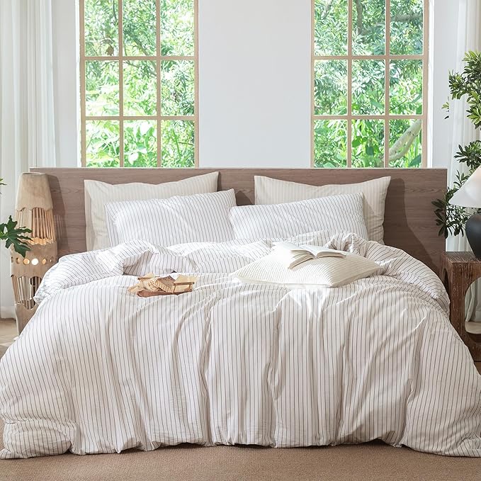MooMee Striped Duvet Cover Set 100% Washed Cotton Linen Like Textured Breathable Durable Soft Comfy (White Orange Wide Stripes, Queen 90"x90")