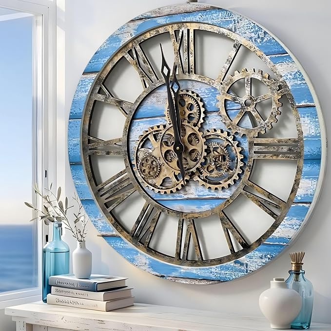 ImprovingLife The Gears Clock The Original Real Moving Gear Wall Clock Vintage Industrial Oversized Rustic Farmhouse (24 inch (60cm), Vintage Ocean Blue and Bronze)