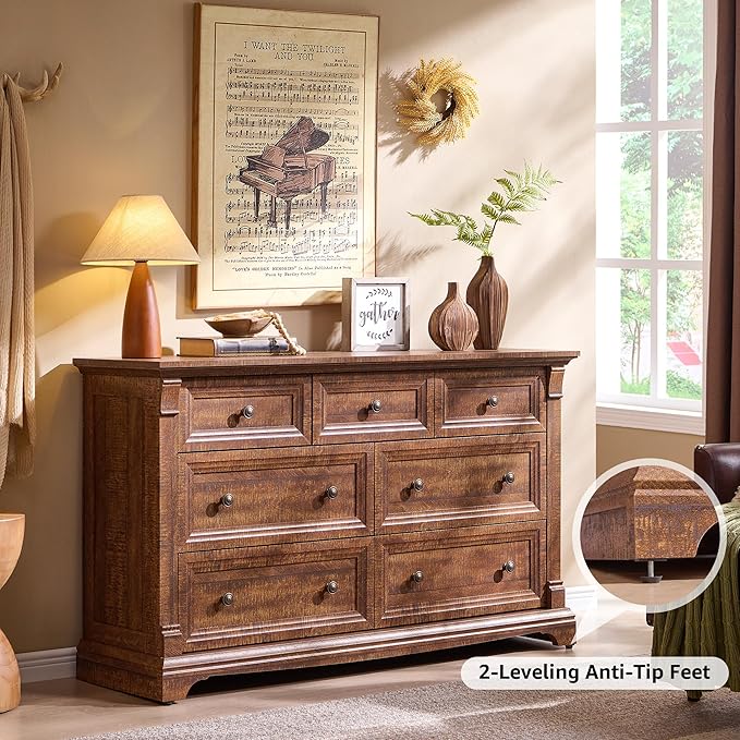 T4TREAM Farmhouse 7 Drawers Dresser for Bedroom, 54" Wide Wood Rustic Chest of Drawers w/Roman Column, Wooden Storage Dressers Organizer for Bedroom, Living Room, Closet, Reclaimed Barnwood