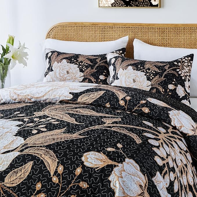Yogeneg King Size Quilt Set,White Gold Floral Botanical Pattern Black Bedding Set,3 Piece Lightweight Soft Summer Bedspread Coverlet with 2 PIillow Sham for All Season(Black Floral,110"x96")