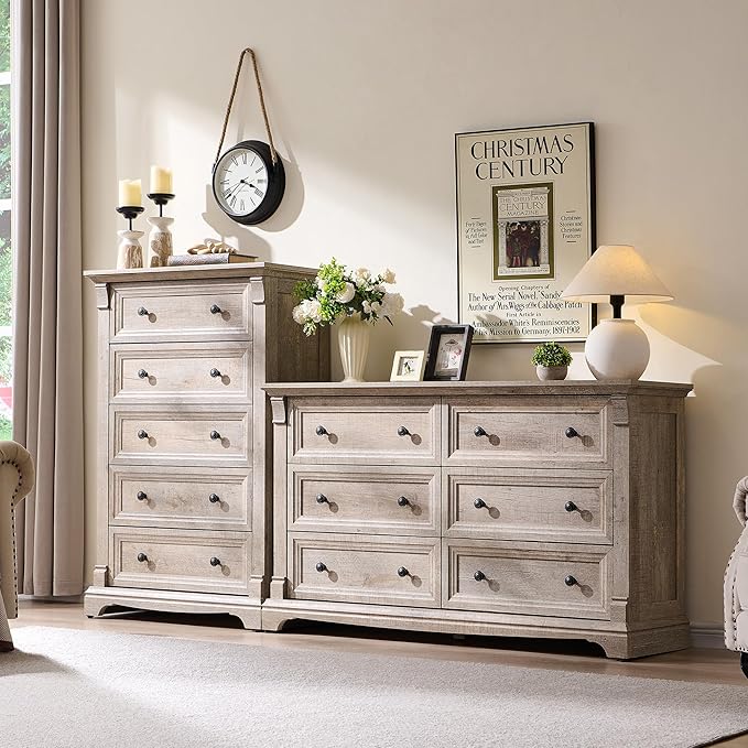 Farmhouse 6 Drawers Dresser for Bedroom, 54" Wide Large Dressers & Chests of Drawers w/Roman Column, Wooden Dresser TV Stand with Large Drawers for Nursery Bedroom Living Room Hallway,Light Rustic Oak
