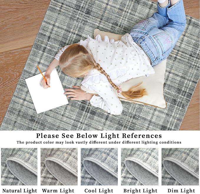 Washable Rugs 9 x 12 Rug for Living Room Soft Bedroom Rug Modern Plaid Large Area Rug Non Shedding Non Slip Throw Rugs Stain Resistant Carpet for Dining Room Nursery 9'x12' Greenish Grey