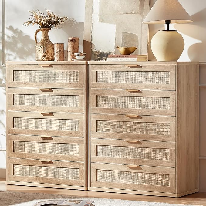 LEYAOYAO Rattan Dresser for Bedroom Set 2, 41" Tall Dressers Chest of Drawers, Boho Small Dressers with 5 Drawers, Natural Wood Dresser Wooden Closet Organizer for Living Room, Hallway