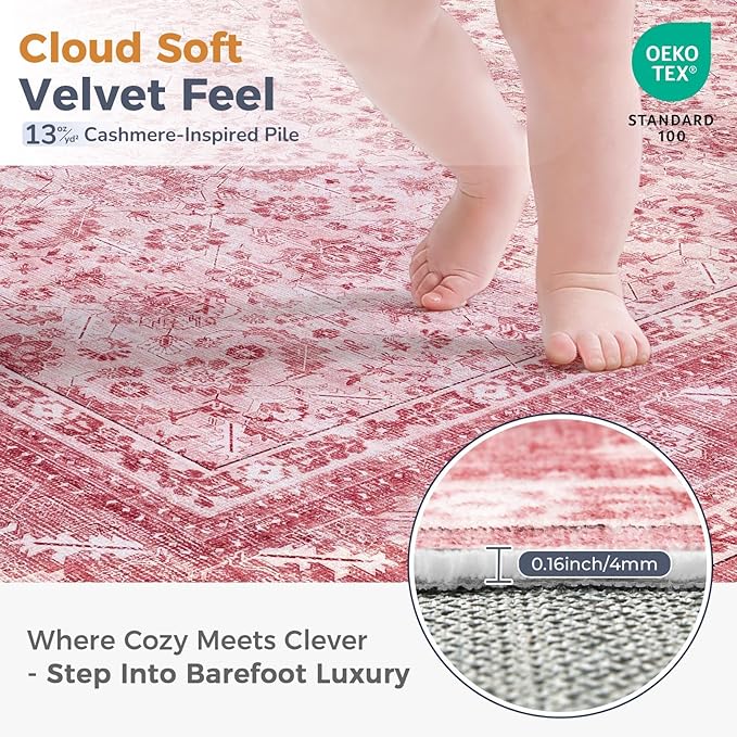 OPPODREAM Vintage Pink Round Rug 3ft, 3 ft Retro Washable Circle Rug Non Slip, Low-Pile Faux Wool Circular Carpet, Distressed Floor Mat for Living Room, Bedroom, Office, Dorm, Dinning Room