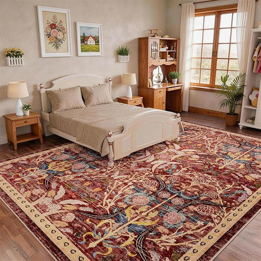AMTOVO 6x9 Washable Area Rugs for Living Room, Non-Slip Large Soft Boho Floral Vintage Accent Print Carpet for Bedroom Dorm Nursery Room Dining Room Farmhouse Home Office, Red