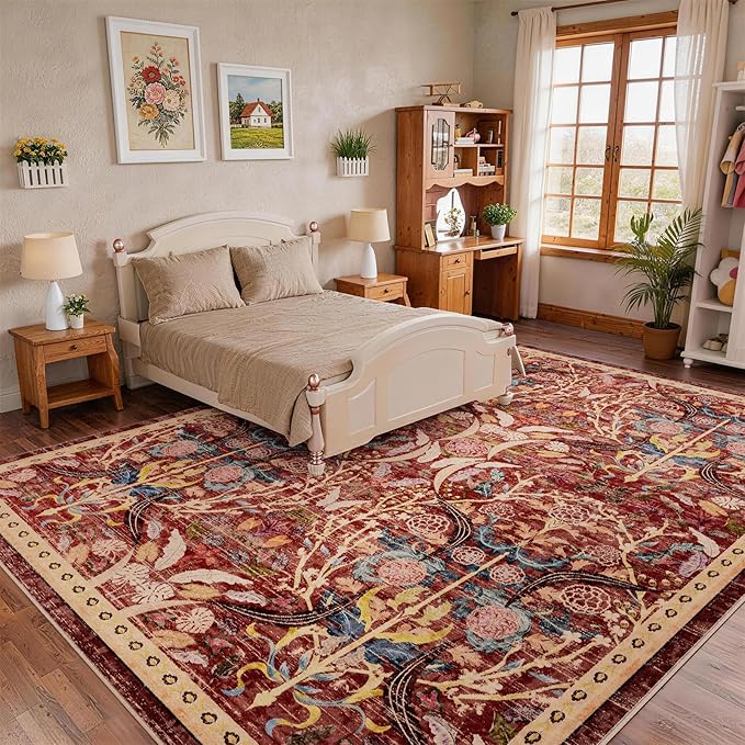 AMTOVO 8x10 Washable Area Rugs for Living Room, Non-Slip Large Soft Boho Floral Accent Rug, Vintage Pattern Printed Carpet for Bedroom Dining Room Farmhouse Nursery Room Home Office, Red