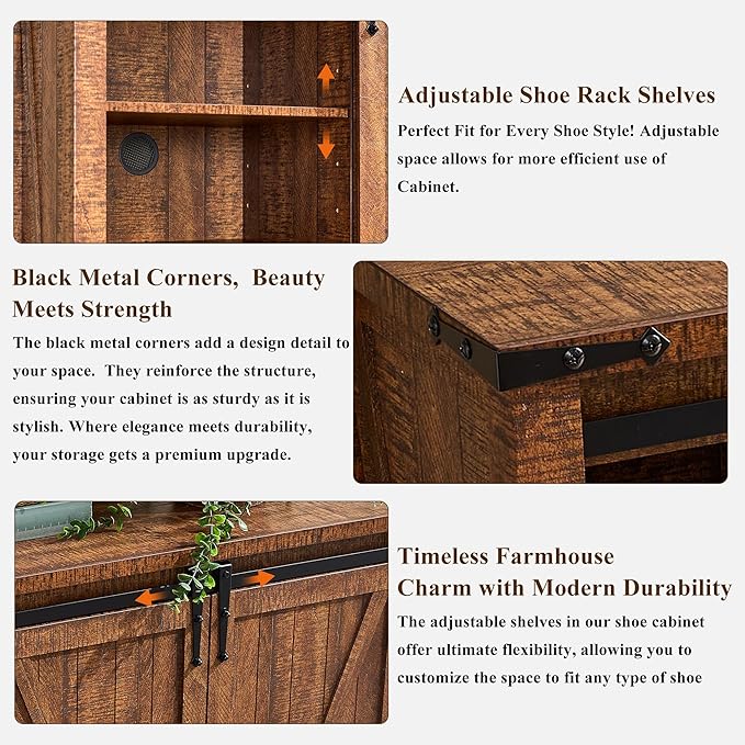 OKD Storage Cabinet with 2 Sliding Door, 7-Tier 62" Tall Farmhouse Entryway Shoe Cabinet, Freestanding Rustic Hidden Shoe Organizer for Entryway, Reclaimed Barnwood