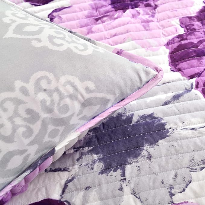 Lush Decor Leah Reversible Floral Quilt Set, 3 Piece Set, Full/ Queen, Gray & Purple - Watercolor Botanical - Cottage Core - French Country Decor- Bedding Queen Size