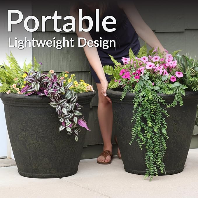 Sunnydaze 24-Inch Anjelica Large Plastic Pot for Plants - Double-Walled Outdoor Polyresin Round Planter Porch Pot with Drillable Drainage Holes - Sable - 2pk