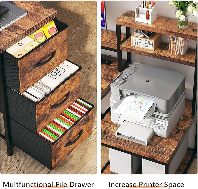 EnHomee 71" L Shaped Computer Desk with 3 Drawers & Hutch,Reversible Gaming Desk with LED Lights & Power Outlet,Home Office Desks with Monitor Stand & Printer Shelf for Student School Rustic Brown