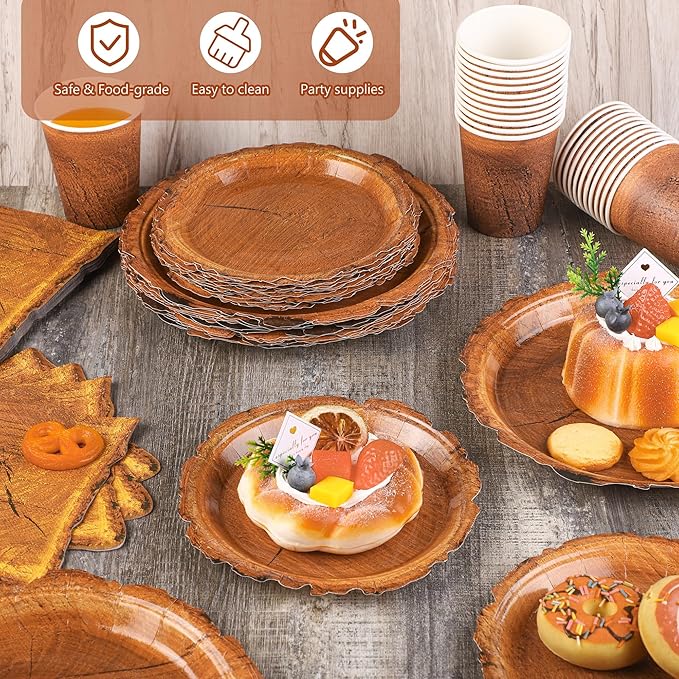 96 Pieces Wood Grain Slice Tableware Sets Rustic Wood Party Supplies Including Paper Plates, Napkins, Cups, Serves 24 for Camping Birthday Hunting Forest Party Decorations