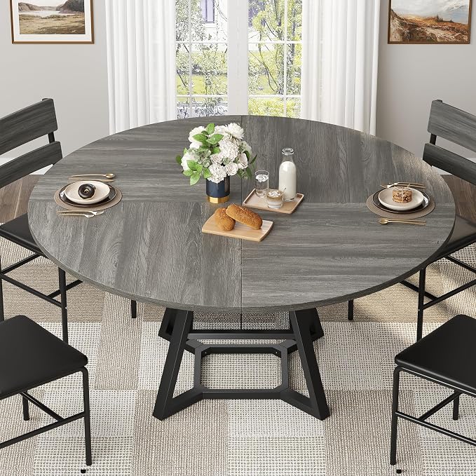 knoworld 51'' Round Dining Table, Kitchen Tables Dining Room Circle Dinner Table with Pedestal Metal Frame, Space Saving Wood Industrial Kitchen & Dining Room Tables, Grey 51In