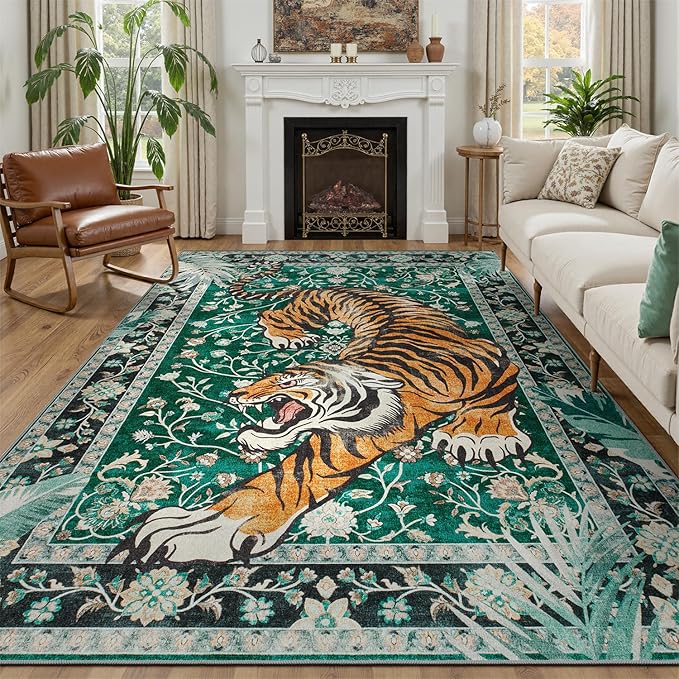 DCX Washable 6x9 Tiger Area Rug, Green Vintage Animal Rug for Living Room, Soft Low Pile Carpet, Kid & Pet Friendly with Rubber Back Non Slip, Stain Resistant Rug for Bedroom Dining Room Office