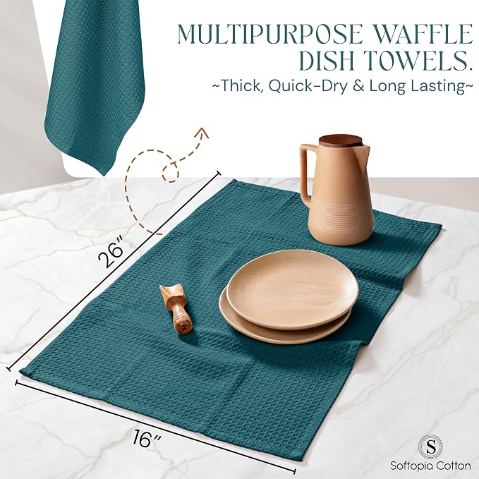 Teal Green Kitchen Towels – Waffle Weave, 100% Cotton, Soft & Absorbent, Fast Dry, Durable, 16x26 Inches, Perfect for Dish Drying, Bar, Cleaning, and Everyday Use, Set of 12, Teal
